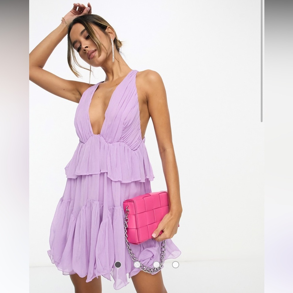 ASOS DESIGN plunge pleated tiered mini dress in purple